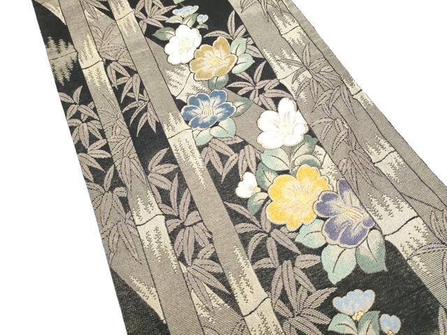 平和屋着物●両面　六通柄袋帯　笹竹椿文　金糸　正絹　逸品　CABI9166hy