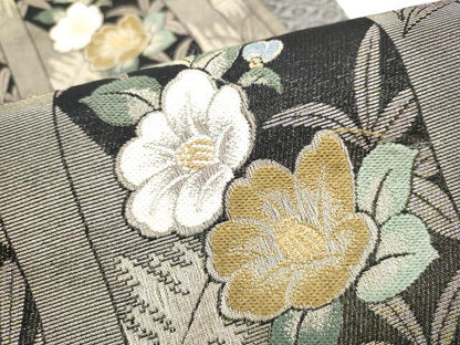 平和屋着物●両面　六通柄袋帯　笹竹椿文　金糸　正絹　逸品　CABI9166hy