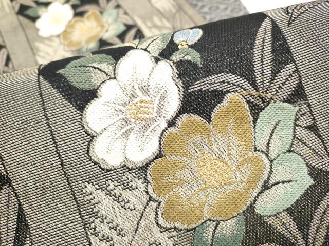 平和屋着物●両面　六通柄袋帯　笹竹椿文　金糸　正絹　逸品　CABI9166hy