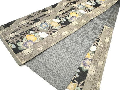 平和屋着物●両面　六通柄袋帯　笹竹椿文　金糸　正絹　逸品　CABI9166hy