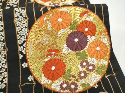 平和屋着物●西陣　河合美術織物謹製　六通柄袋帯　唐織　笹竹花丸文　黒地　金糸　正絹　逸品　CABI9168hy