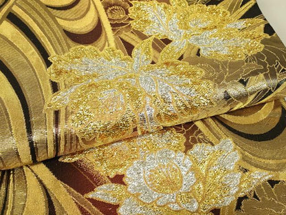 平和屋着物▼六通柄袋帯　流水花文　金銀糸　正絹　逸品　DABG0885az