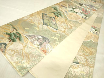 平和屋着物▼六通柄袋帯　冊子花文　金糸　正絹　逸品　DABG0911az