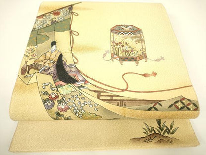平和屋着物▼中国三大刺繍　スワトウ刺繍　汕頭刺繍　綴れ　太鼓柄袋帯　源氏物語文　金彩　正絹　逸品　DABG0965az