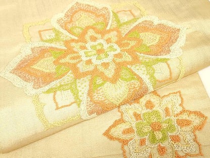 平和屋着物▼中国三大刺繍　相良刺繍　総刺繍　太鼓柄袋帯　正倉院花文　正絹　逸品　DABG0966az