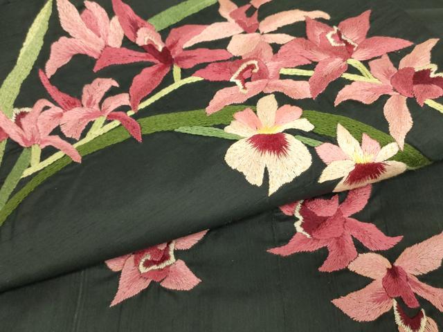 平和屋着物▼アンティーク　大正ロマン　九寸名古屋帯　紬地　総手刺繍　蘭　黒地　正絹　逸品　DABG0987az