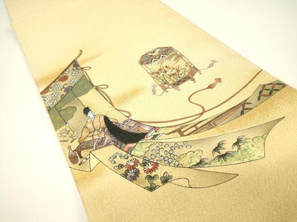 平和屋着物▼中国三大刺繍　スワトウ刺繍　汕頭刺繍　綴れ　太鼓柄袋帯　源氏物語文　金彩　正絹　逸品　DABG0965az