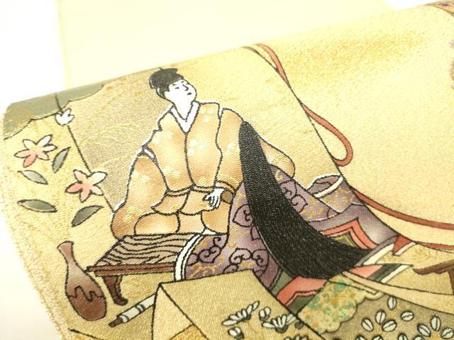 平和屋着物▼中国三大刺繍　スワトウ刺繍　汕頭刺繍　綴れ　太鼓柄袋帯　源氏物語文　金彩　正絹　逸品　DABG0965az