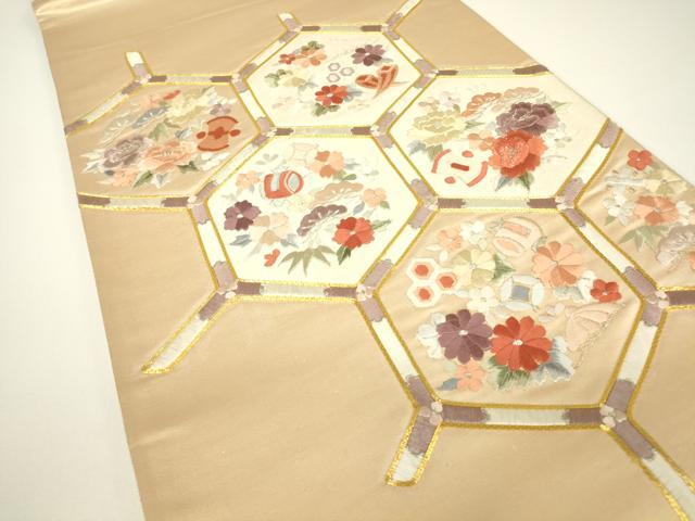 平和屋着物▼総刺繍　太鼓柄袋帯　駒刺繍　宝尽くし花文　金糸　正絹　逸品　DABG0958az