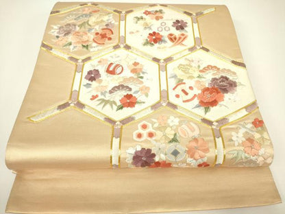 平和屋着物▼総刺繍　太鼓柄袋帯　駒刺繍　宝尽くし花文　金糸　正絹　逸品　DABG0958az