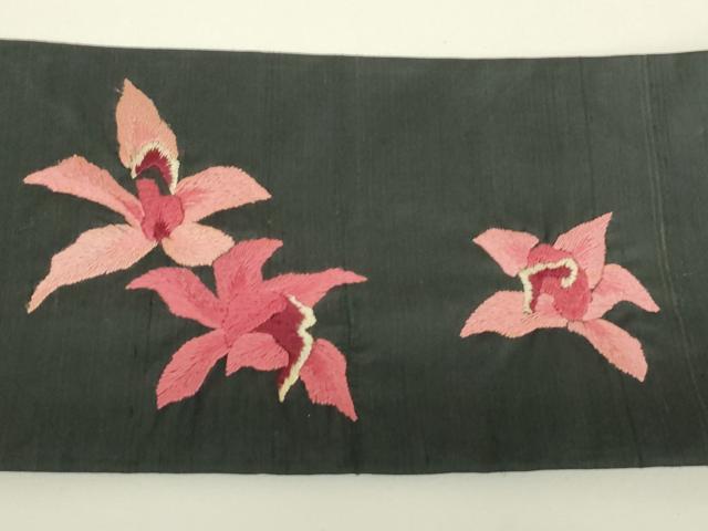 平和屋着物▼アンティーク　大正ロマン　九寸名古屋帯　紬地　総手刺繍　蘭　黒地　正絹　逸品　DABG0987az