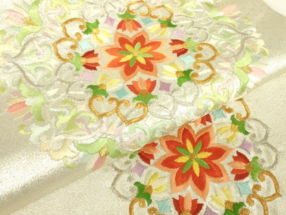 平和屋着物▼九寸名古屋帯　総刺繍　正倉院花文　金銀糸　正絹　逸品　DABH6002az