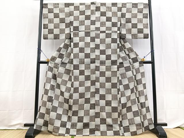 平和屋着物＊夏物　小紋　絽　市松文様　洗える着物　BAAX3980yc