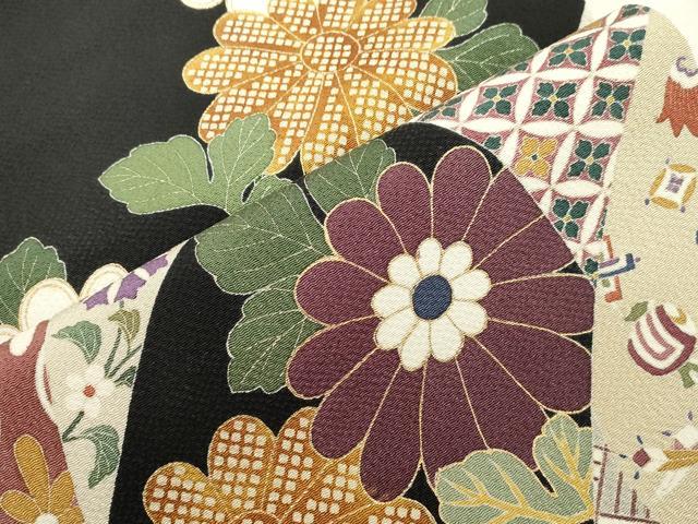 平和屋着物●つけ帯　草花文　黒地　金彩　鬼しぼ縮緬　正絹　逸品　CABI7486dy