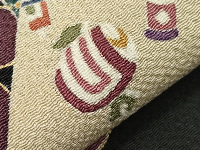 平和屋着物●つけ帯　草花文　黒地　金彩　鬼しぼ縮緬　正絹　逸品　CABI7486dy