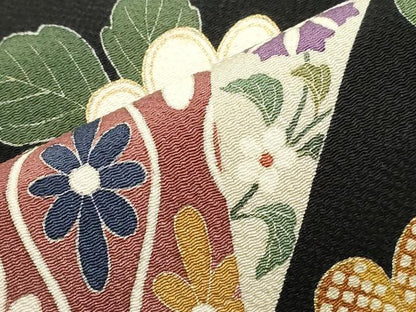 平和屋着物●つけ帯　草花文　黒地　金彩　鬼しぼ縮緬　正絹　逸品　CABI7486dy