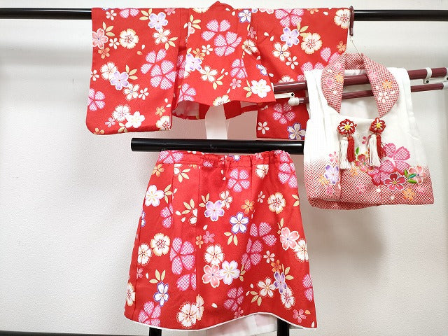 平和屋着物[]七五三　女の子　３歳　祝着　三つ身　二部式　被布セット　草花文　DABG3035ma