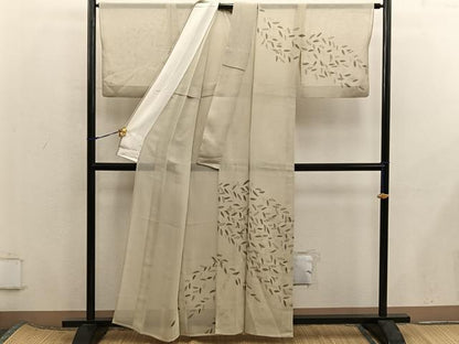 平和屋着物＊夏物　訪問着　紗　駒刺繍　草葉文　正絹　逸品　BAAX8144mz
