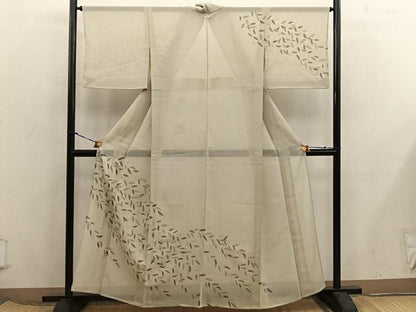 平和屋着物＊夏物　訪問着　紗　駒刺繍　草葉文　正絹　逸品　BAAX8144mz