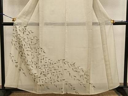 平和屋着物＊夏物　訪問着　紗　駒刺繍　草葉文　正絹　逸品　BAAX8144mz