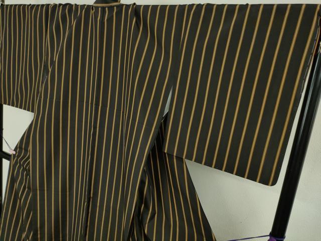 平和屋本店●極上　本場黄八丈　黒八丈　平織　紬　縞　逸品　DZAB3759kh6