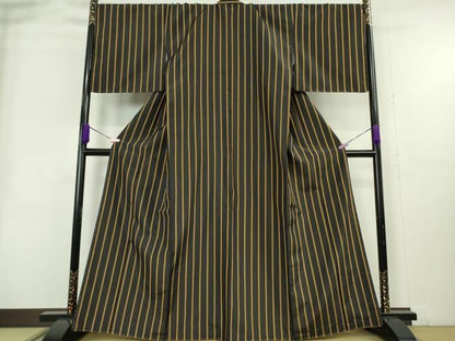 平和屋本店●極上　本場黄八丈　黒八丈　平織　紬　縞　逸品　DZAB3759kh6