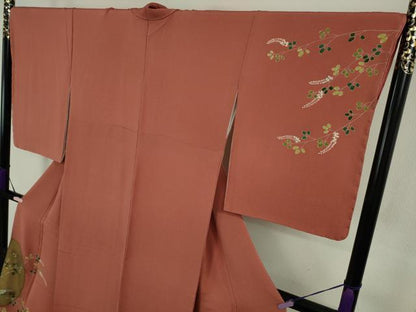 平和屋本店●極上 人形作家・ホリヒロシ 訪問着 兎　十五夜　お月見　満月　甚三紅色地　鬼しぼ縮緬　反端付き　逸品　未使用　DZAB2992kh6