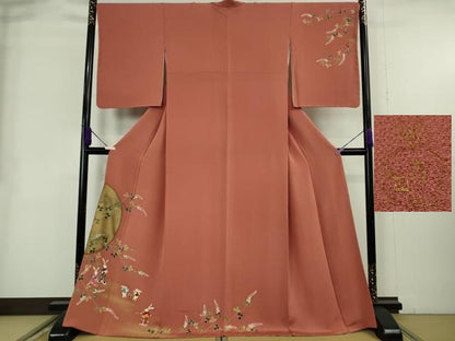 平和屋本店●極上 人形作家・ホリヒロシ 訪問着 兎　十五夜　お月見　満月　甚三紅色地　鬼しぼ縮緬　反端付き　逸品　未使用　DZAB2992kh6