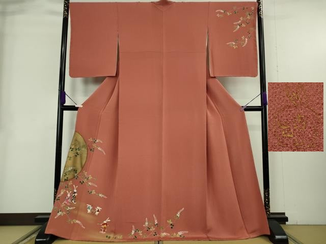 平和屋本店●極上 人形作家・ホリヒロシ 訪問着 兎　十五夜　お月見　満月　甚三紅色地　鬼しぼ縮緬　反端付き　逸品　未使用　DZAB2992kh6