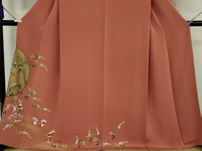 平和屋本店●極上 人形作家・ホリヒロシ 訪問着 兎　十五夜　お月見　満月　甚三紅色地　鬼しぼ縮緬　反端付き　逸品　未使用　DZAB2992kh6