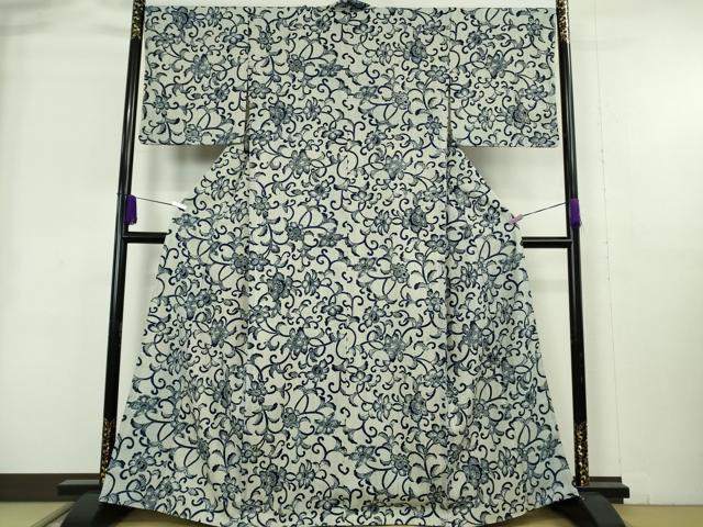 平和屋本店●極上　浦野理一　経節紬　型染　更紗花唐草文　逸品　未使用　DZAB3296kh6