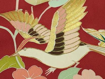 平和屋本店●極上　創業460年・千總　振袖　駒刺繍　花鳥文　朱色地　金彩　松坂屋扱い　逸品　DZAB4003kh6