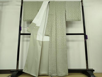 平和屋本店●極上　創業280年　誉田屋源兵衛　色無地　お召地　南天草葉地紋　柳鼠色　逸品　未使用　DZAB2952kh6