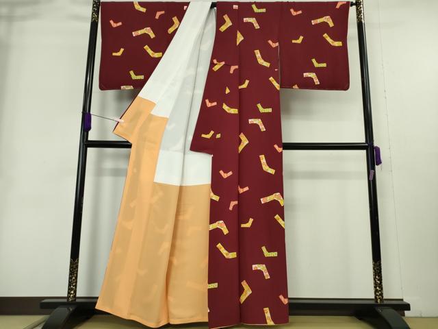 平和屋本店●極上　銀座　志ま亀　小紋　結び文　葡萄色地　鬼しぼ縮緬　たとう紙付き　逸品　DZAB3434kh6