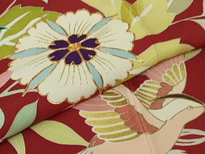 平和屋本店●極上　創業460年・千總　振袖　駒刺繍　花鳥文　朱色地　金彩　松坂屋扱い　逸品　DZAB4003kh6
