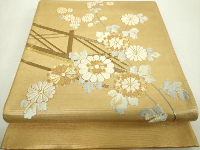平和屋着物▼太鼓柄袋帯　駒刺繍　総刺繍　菊文　金糸　正絹　逸品　DABH9072ps
