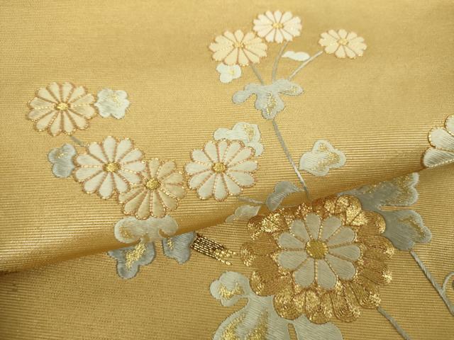 平和屋着物▼太鼓柄袋帯　駒刺繍　総刺繍　菊文　金糸　正絹　逸品　DABH9072ps