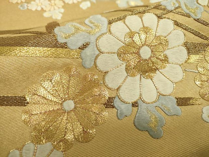 平和屋着物▼太鼓柄袋帯　駒刺繍　総刺繍　菊文　金糸　正絹　逸品　DABH9072ps