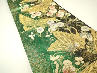 平和屋着物▼六通柄袋帯　舞蝶花文　金糸　正絹　逸品　DABH6034az
