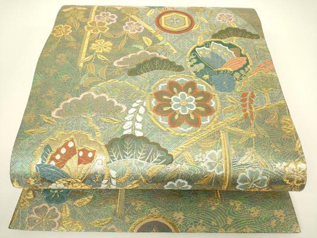 平和屋着物▼六通柄袋帯　雪輪花蝶文　金糸　正絹　逸品　DABH6062az