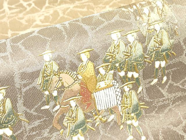 平和屋着物▼太鼓柄袋帯　大名行列　金彩　銀通し地　正絹　逸品　DABH6040az