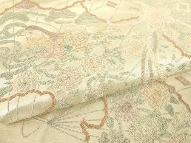 平和屋着物▼中国三大刺繍　相良刺繍　総刺繍　太鼓柄京袋帯　檜扇花鳥文　引箔　正絹　逸品　DABH6053az