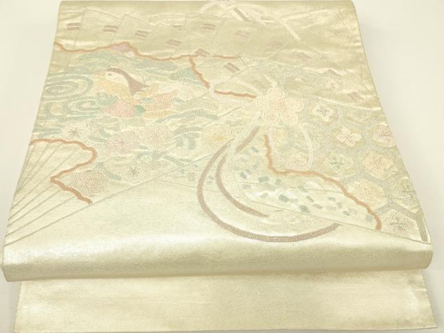 平和屋着物▼中国三大刺繍　相良刺繍　総刺繍　太鼓柄京袋帯　檜扇花鳥文　引箔　正絹　逸品　DABH6053az