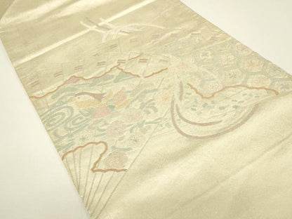 平和屋着物▼中国三大刺繍　相良刺繍　総刺繍　太鼓柄京袋帯　檜扇花鳥文　引箔　正絹　逸品　DABH6053az