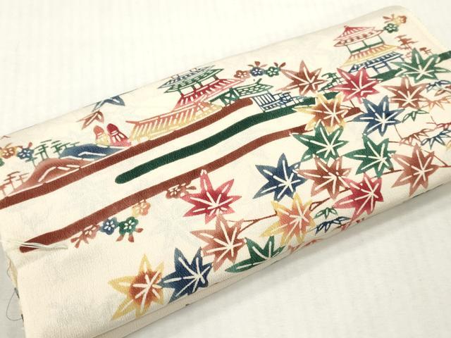 平和屋着物▼羽織・コート　解き反物　羽尺　型染め　風景草花文　逸品　DABH8132zy