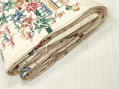 平和屋着物▼羽織・コート　解き反物　羽尺　型染め　風景草花文　逸品　DABH8132zy