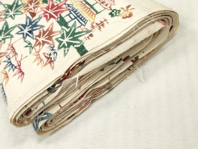 平和屋着物▼羽織・コート　解き反物　羽尺　型染め　風景草花文　逸品　DABH8132zy