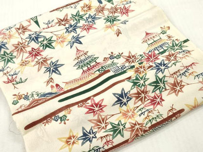 平和屋着物▼羽織・コート　解き反物　羽尺　型染め　風景草花文　逸品　DABH8132zy
