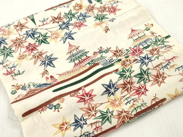 平和屋着物▼羽織・コート　解き反物　羽尺　型染め　風景草花文　逸品　DABH8132zy