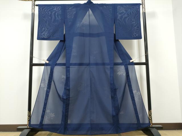 平和屋着物＊夏物　色無地　縦絽　竜田川紋紗　濃藍色　正絹　逸品　CABJ4802hy